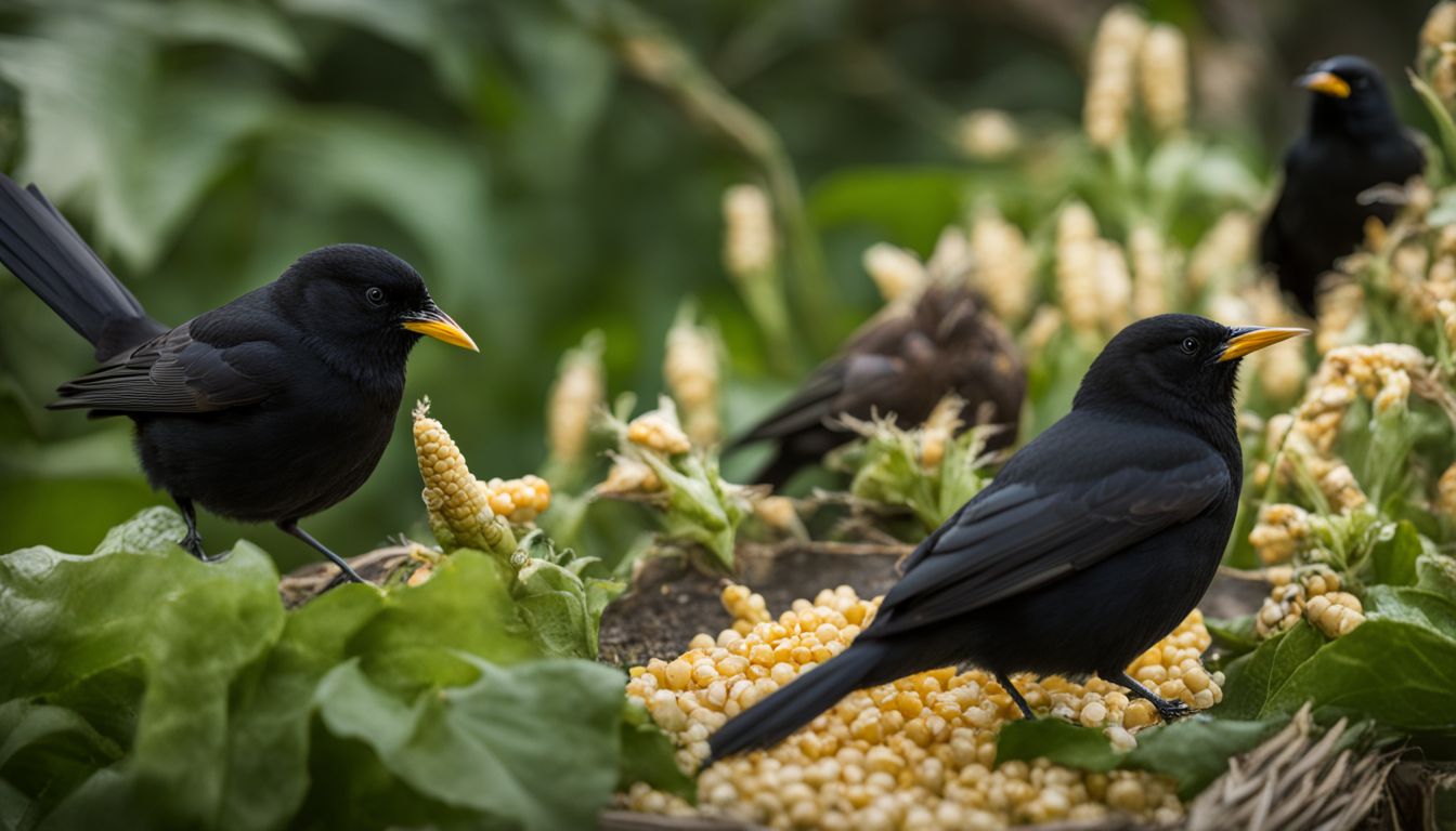 Blackbirds pecking at cracked corn in a lush garden.