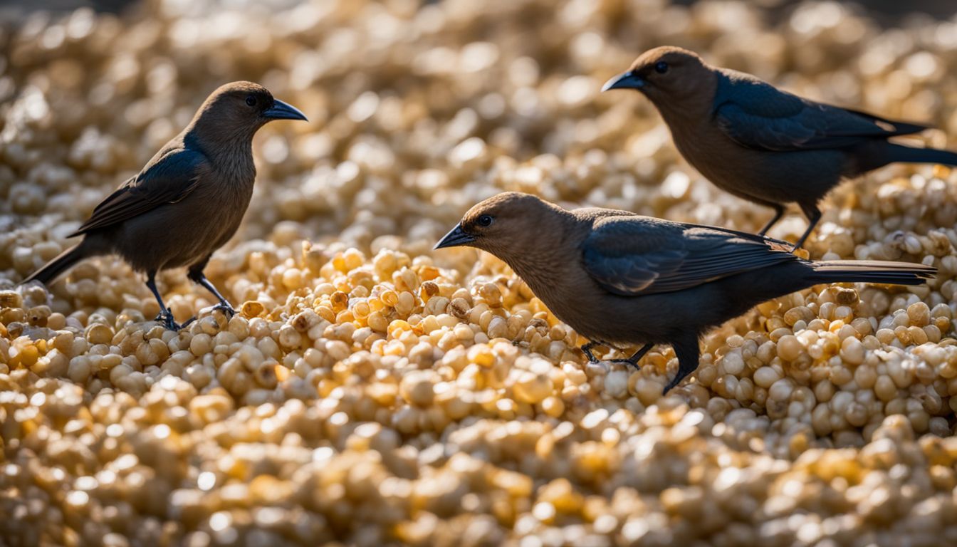 A group of brown-headed cowbirds foraging on cracked corn in a backyard.