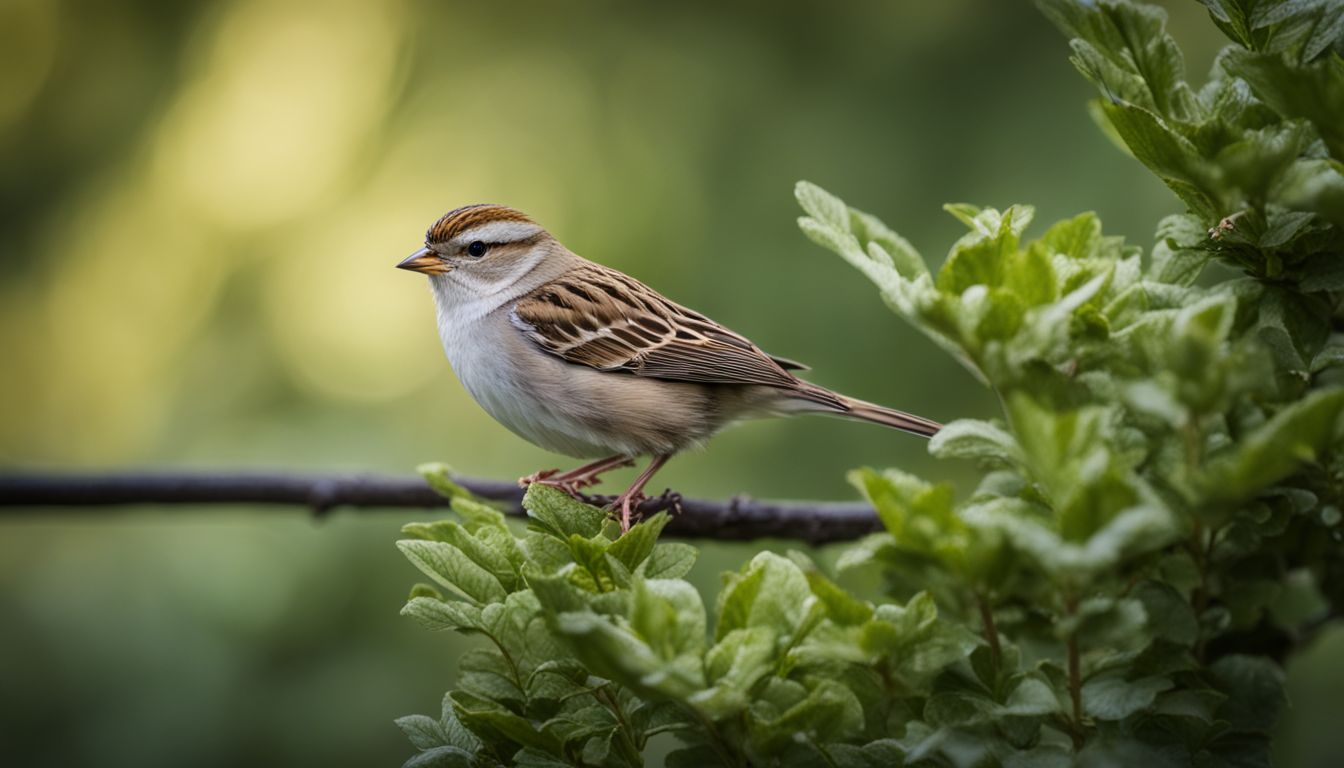 Chipping sparrows perched in a lush garden bush.