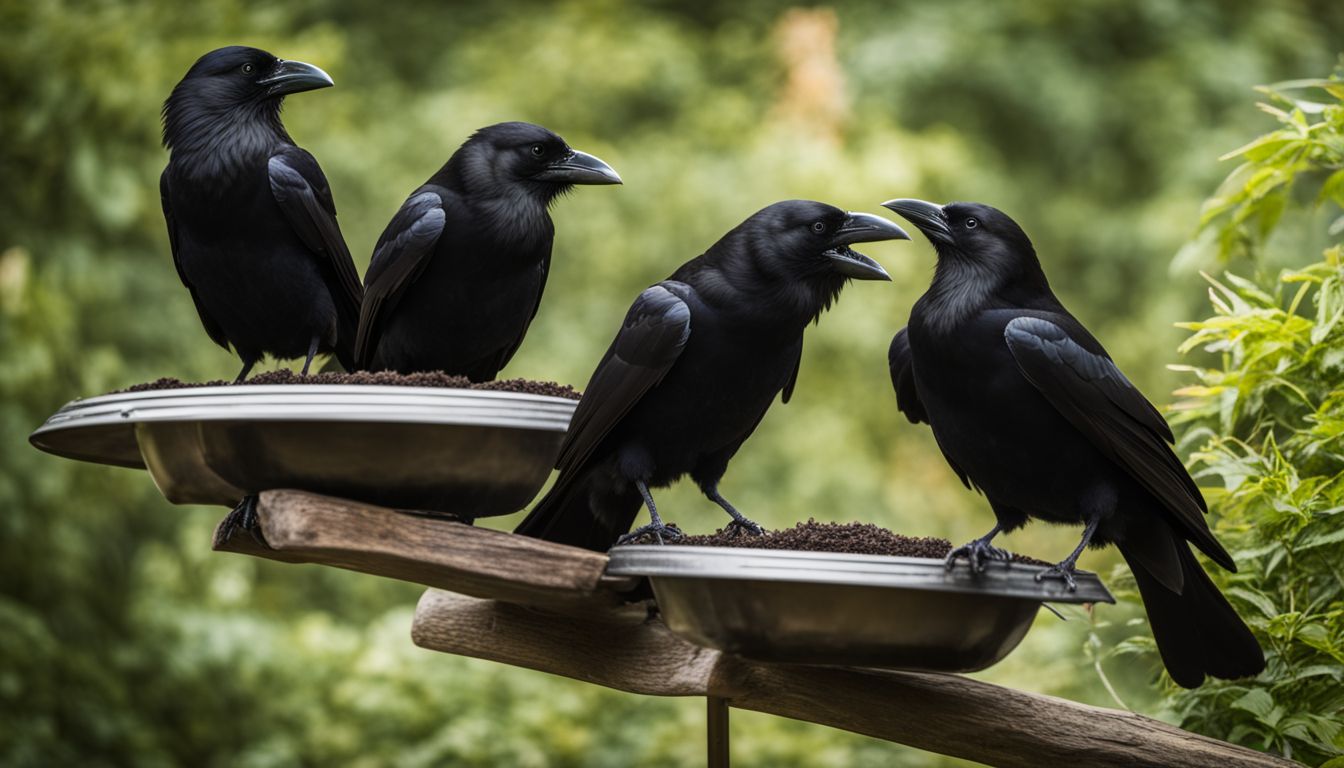 A group of crows perched on a bird feeder in a garden.