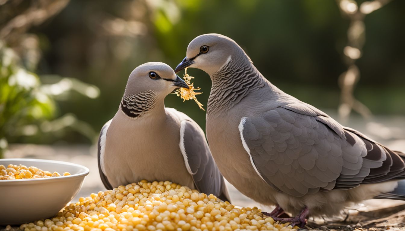Two doves feeding on cracked corn in a serene garden setting.