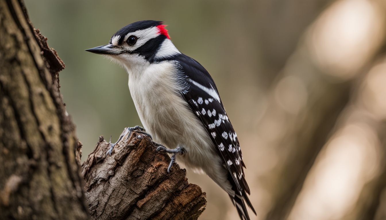 A downy woodpecker perched on a tree trunk