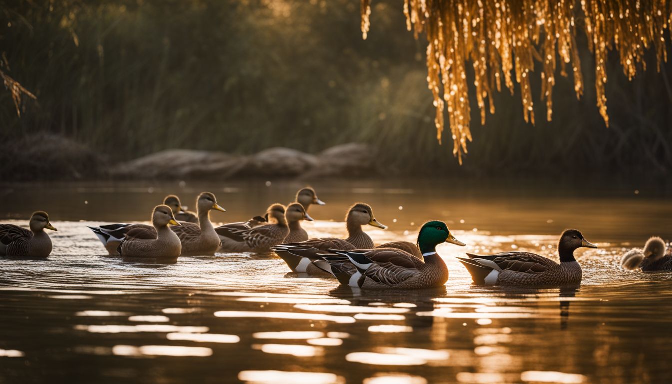 A flock of ducks feeding on cracked corn in a serene pond.