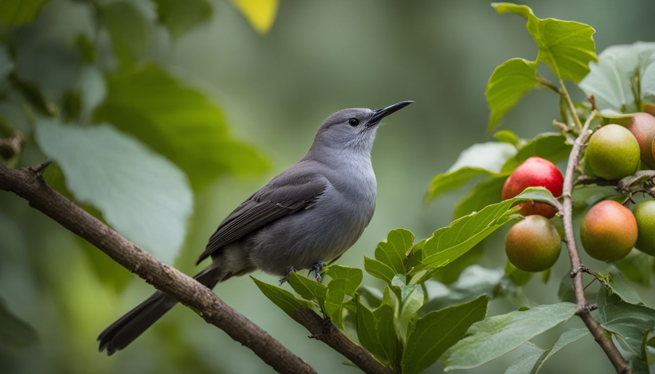 A gray catbird perched on a fruit-bearing plant in wildlife photography.