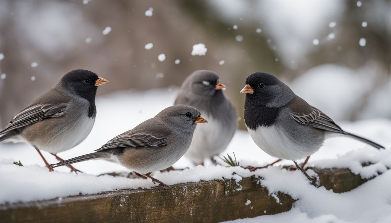 A flock of juncos foraging for food in a snowy backyard.