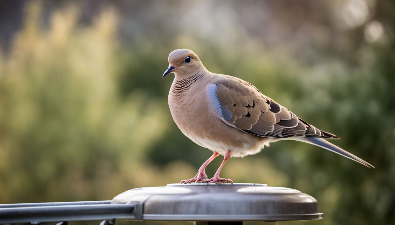 A mourning dove perched on a bird feeder in a suburban garden.