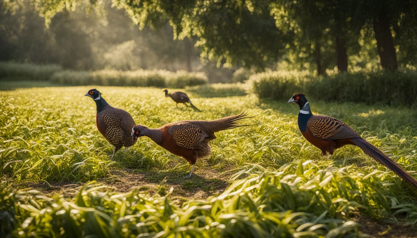 A group of pheasants feeding in a lush garden.