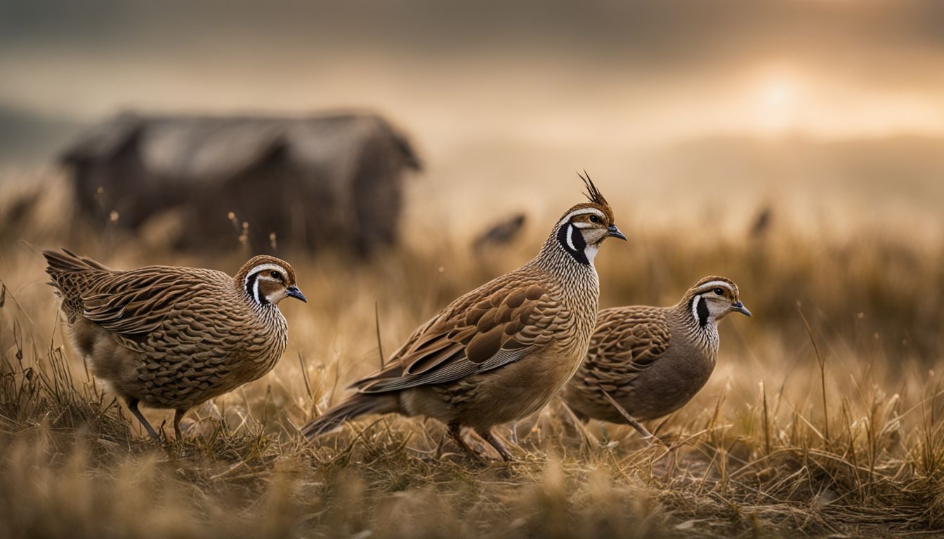 A group of quails foraging for cracked corn in a grassland.