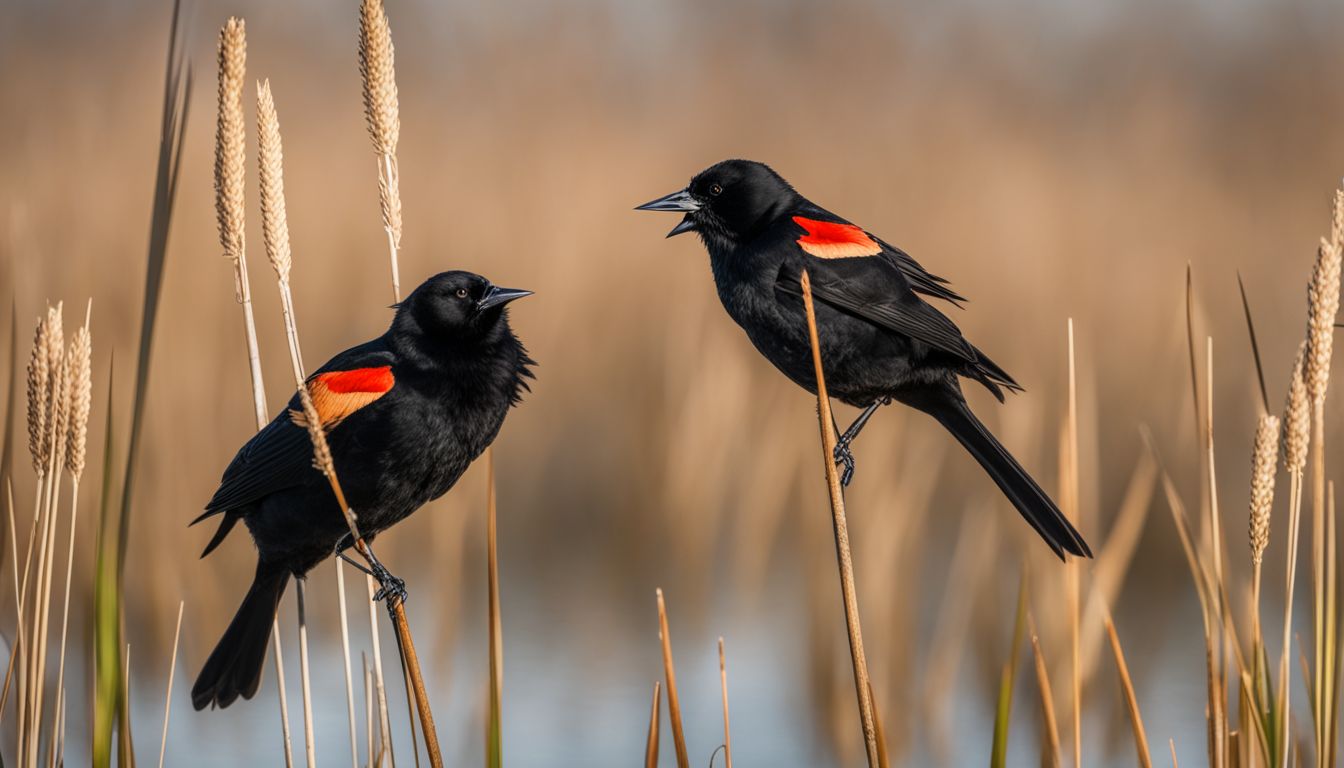 Two red-winged blackbirds perched on cattails in a marsh.