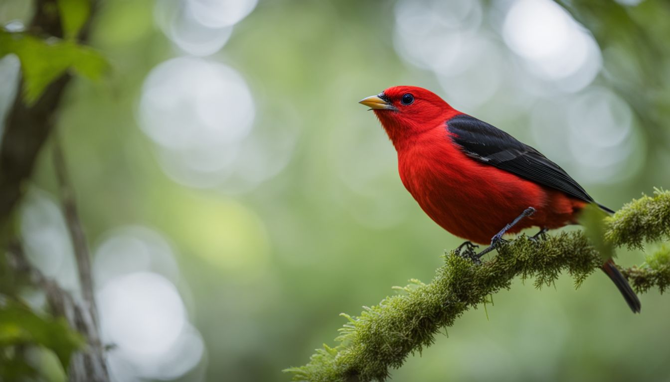 A scarlet tanager perched on a branch in a lush forest.