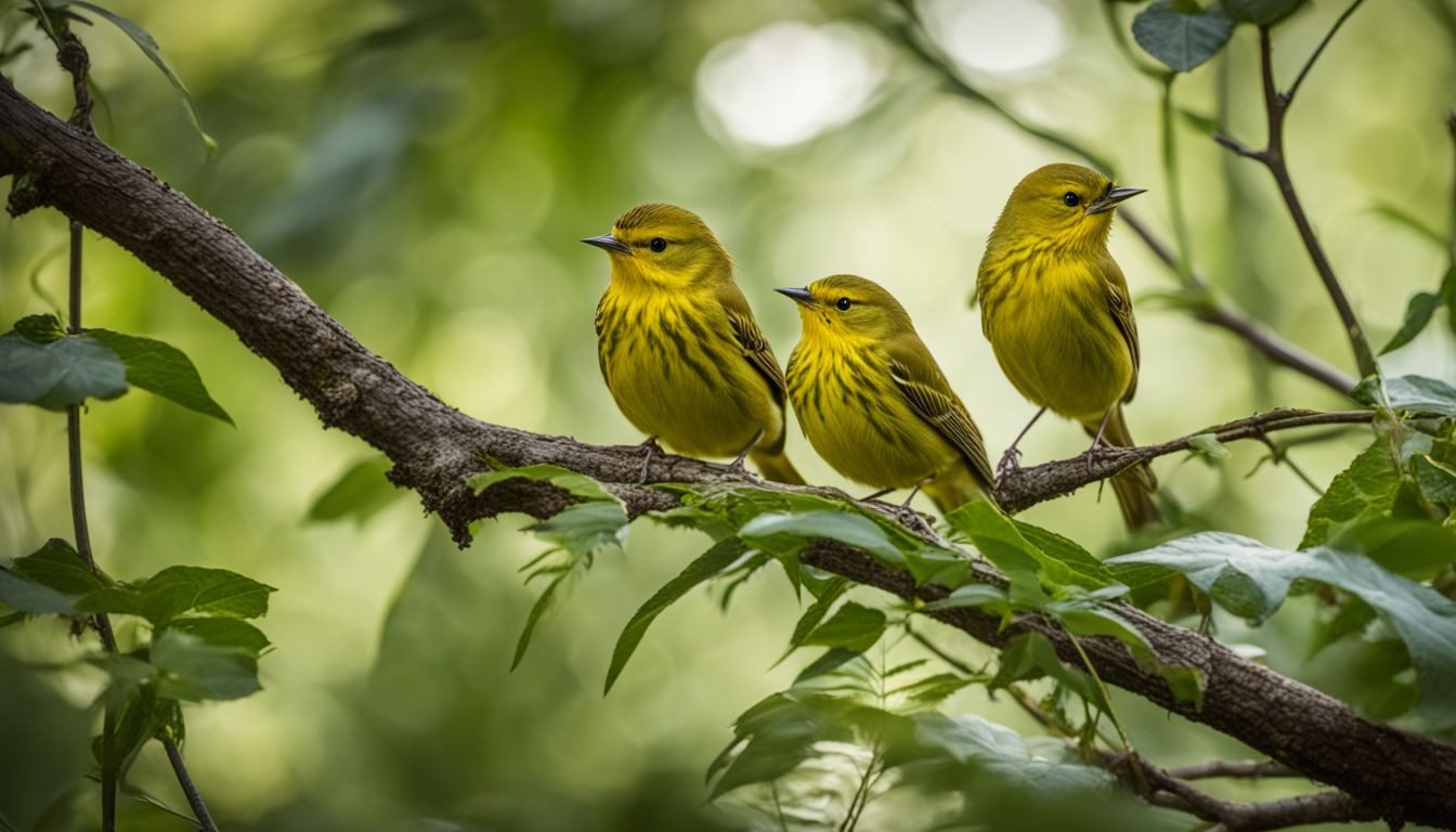 A pair of yellow warblers perched on lush branches