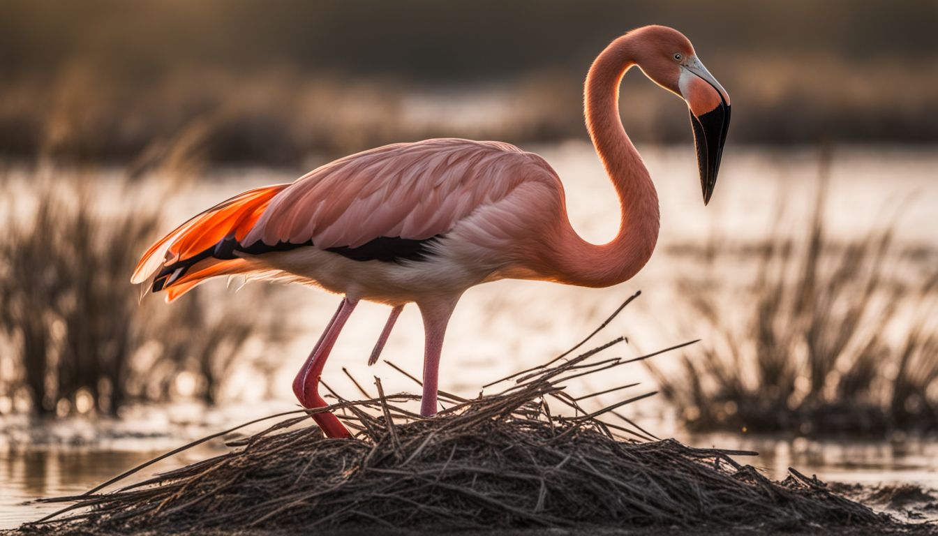 An american flamingo building a mud nest in a marshland.