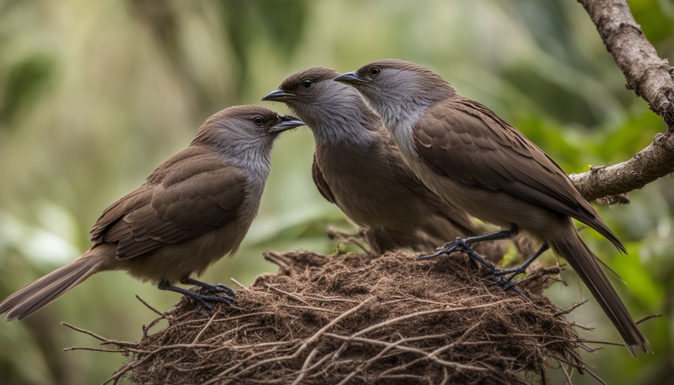 Apostlebirds building a communal mud nest in a natural environment.