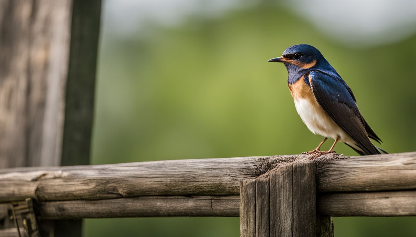 A barn swallow perched on a rustic wooden fence, surrounded by lush greenery.