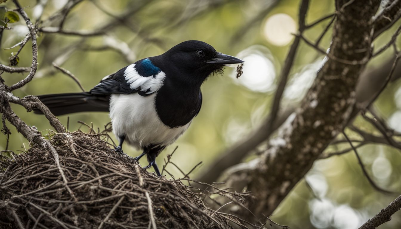 A black-billed magpie building a mud nest in a leafy tree.