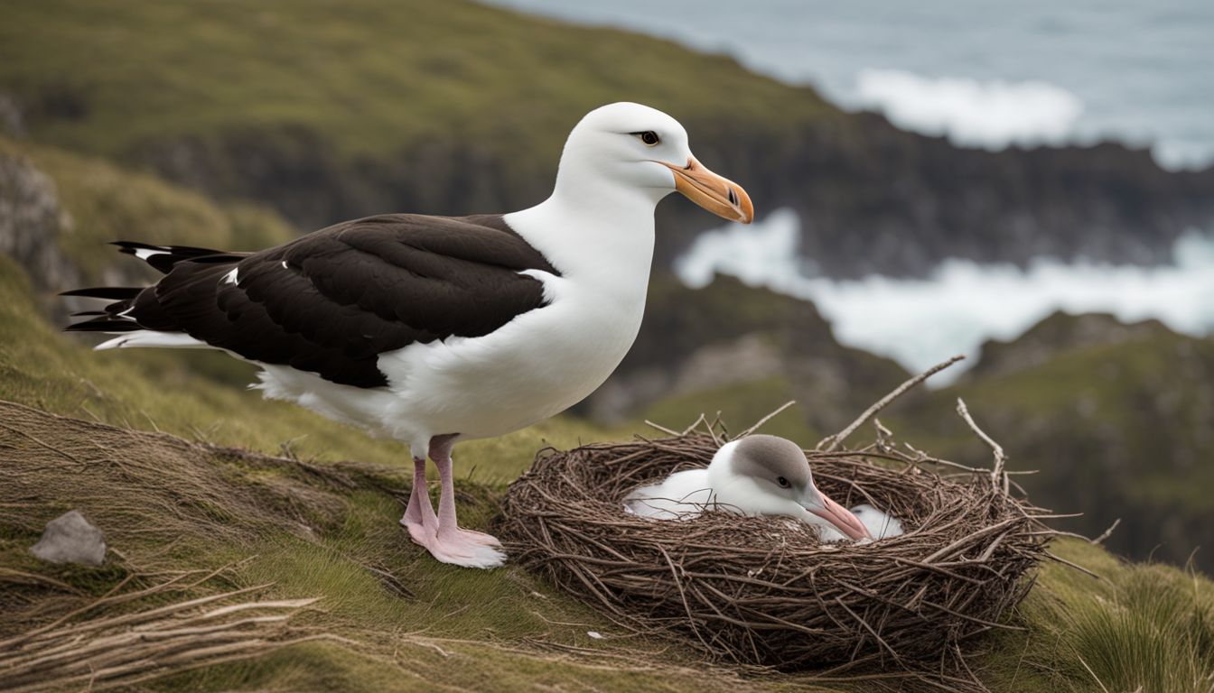 A black-browed albatross nesting on a remote island in wildlife photography.