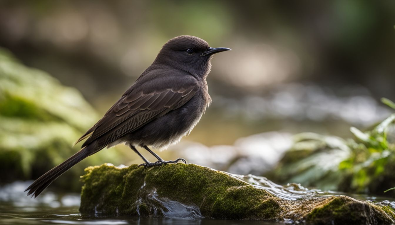 A black phoebe perched on a stream bank surrounded by lush greenery.