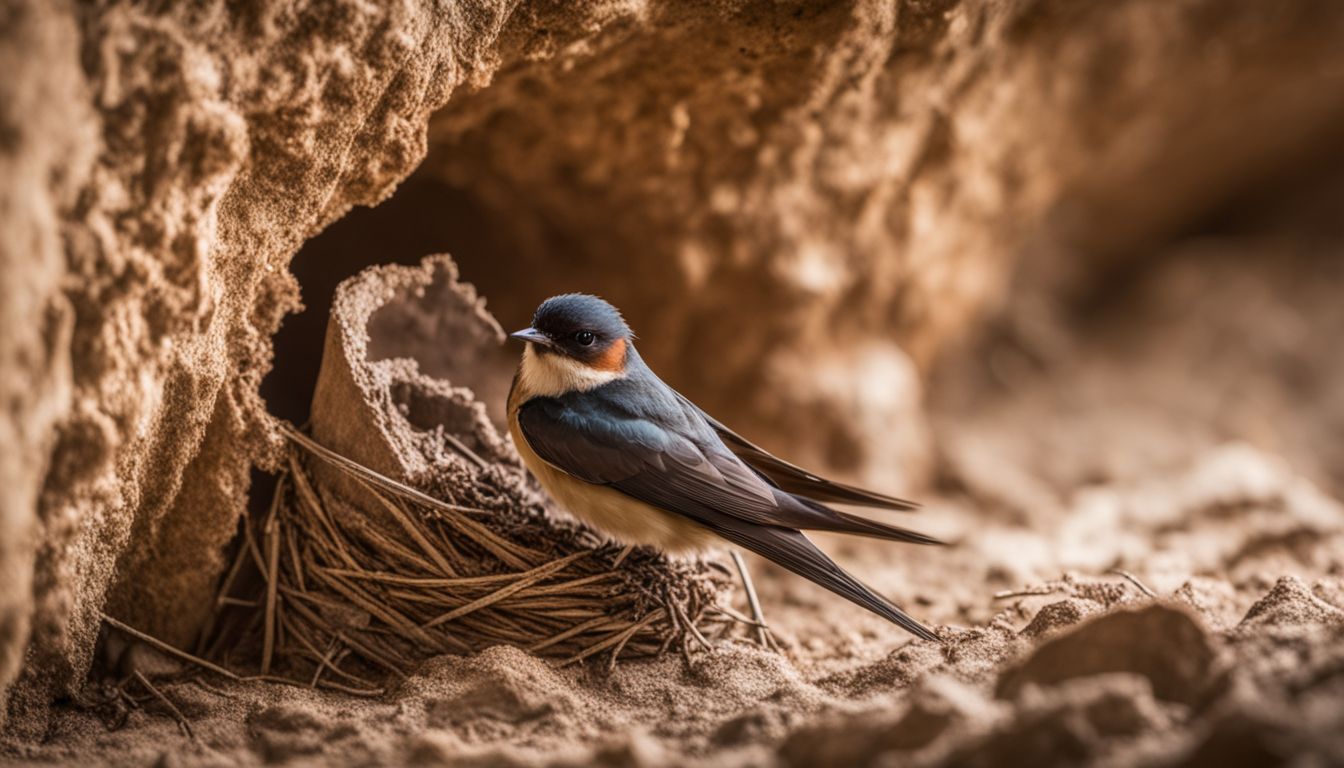 A cave swallow building a mud nest inside a cave.