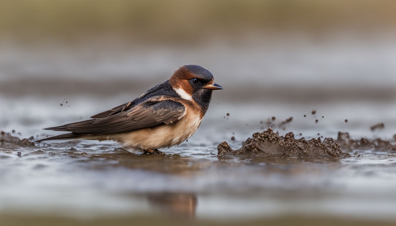 A cliff swallow gathering mud for nest-building in a bustling atmosphere.