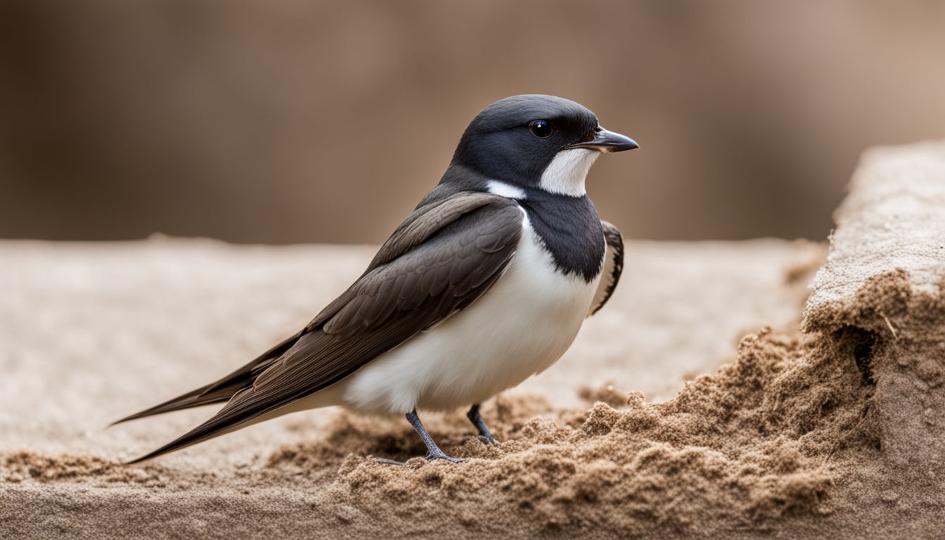A common house martin building a mud nest under eaves.