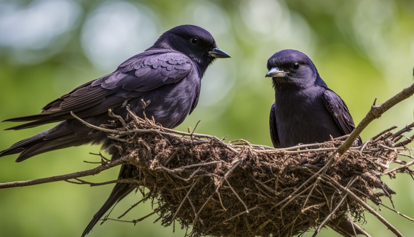 A pair of purple martins tend to their mud nest in a lush garden.