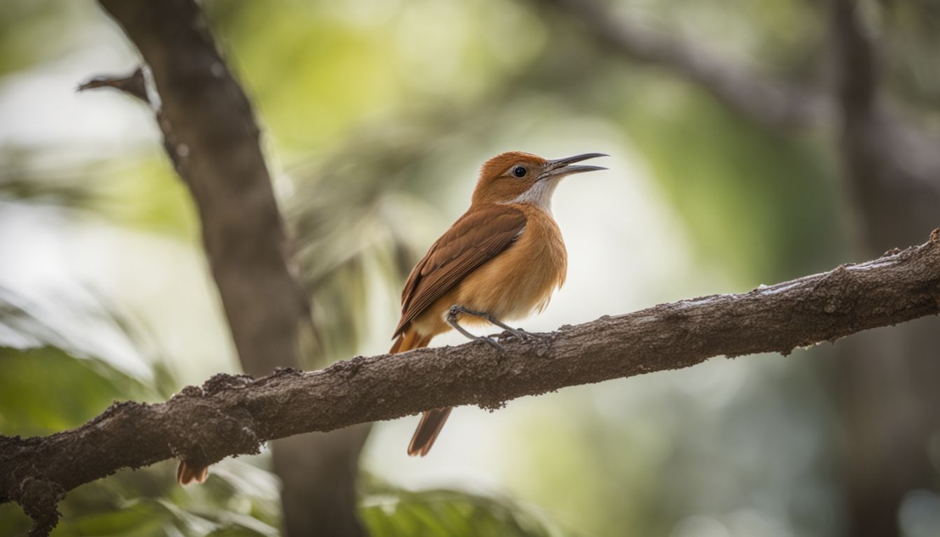 A rufous hornero bird building its nest on a tree branch.