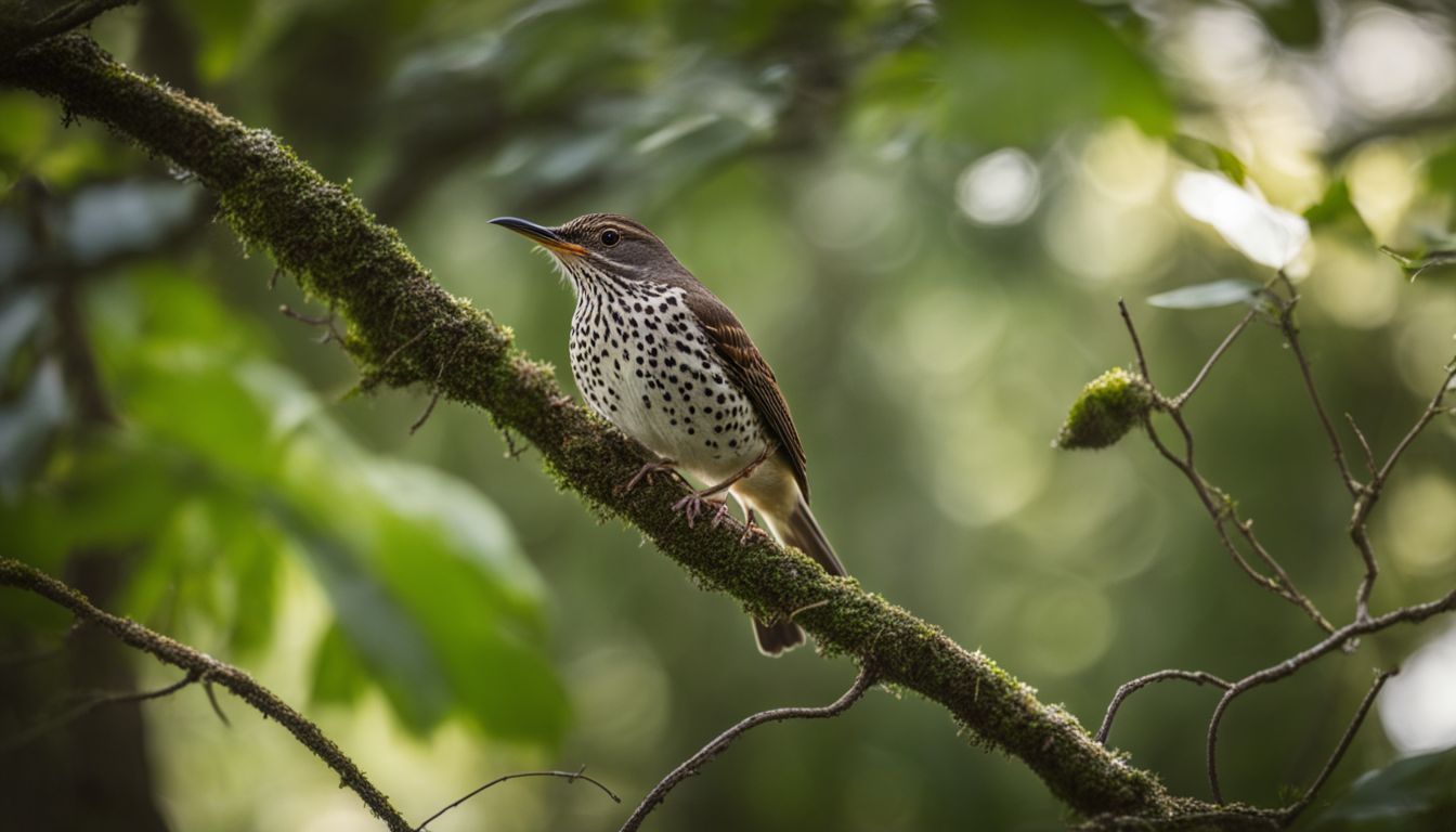 A spotted morning thrush building its nest in a lush forest.