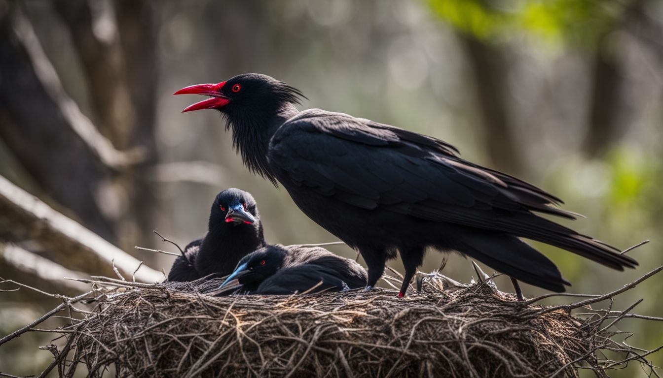 White-winged choughs building mud nests in the forest.