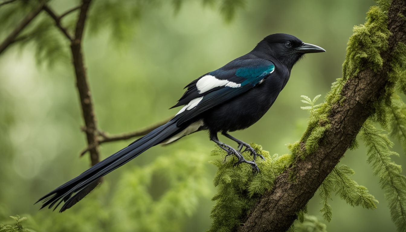 A black-billed magpie perched on a tree in a lush forest.