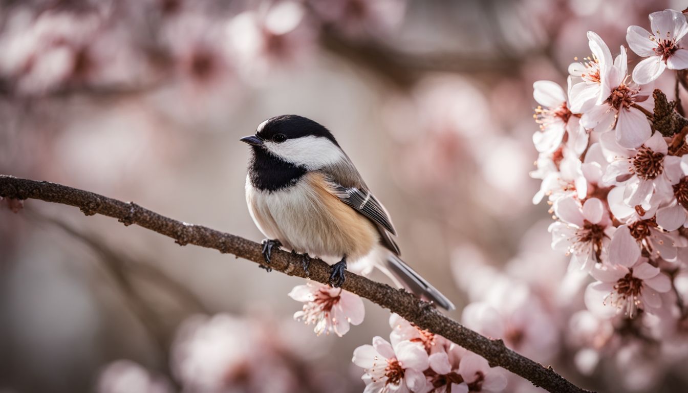 A black-capped chickadee perched on a blossoming tree branch in nature.