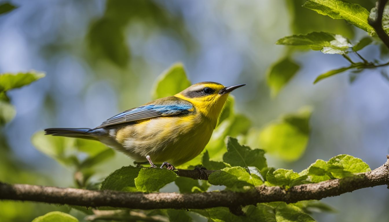 A blue-winged warbler in lush woodland, captured with precision.