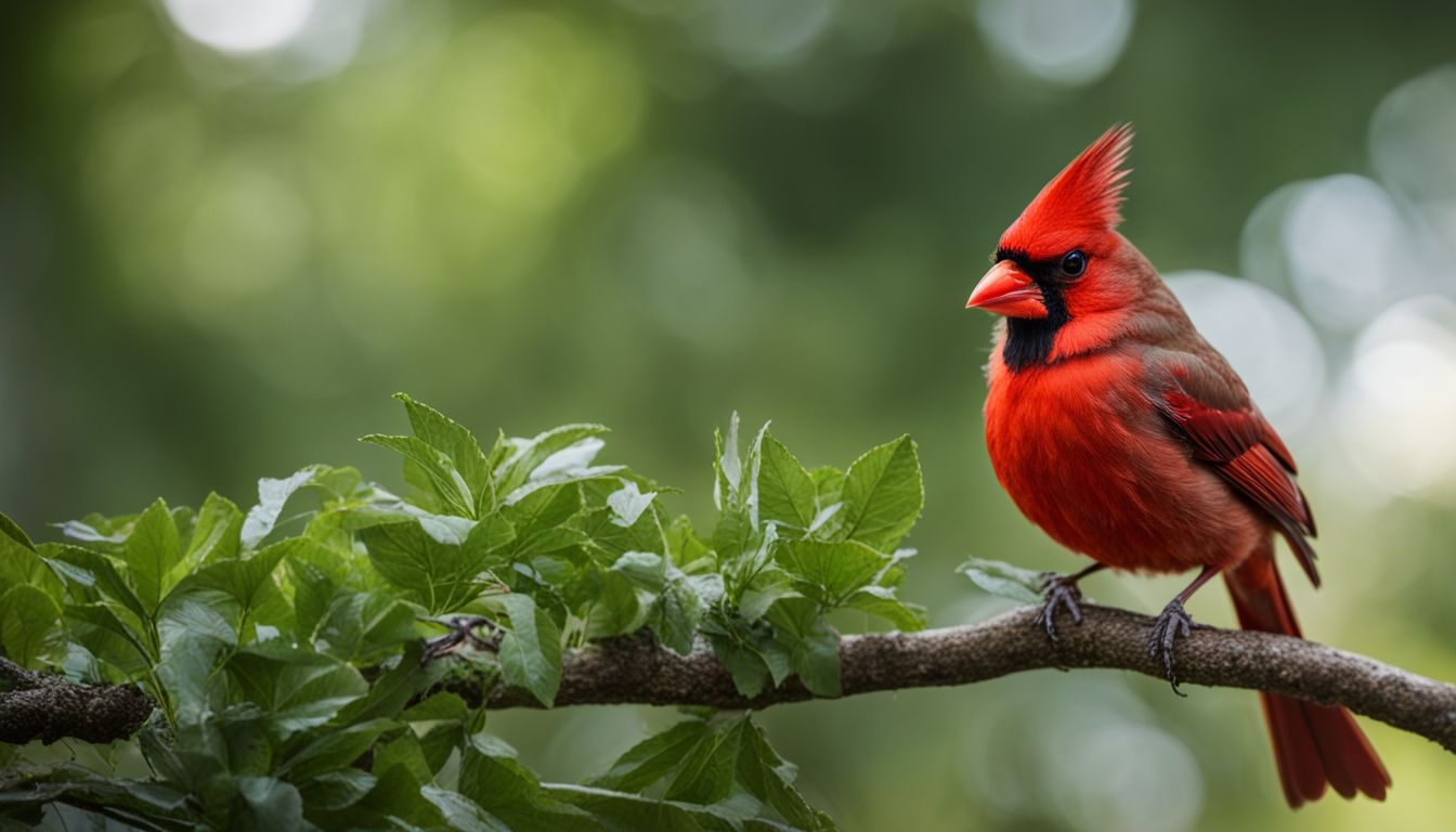 A cardinal perched on a tree branch in a lush environment.