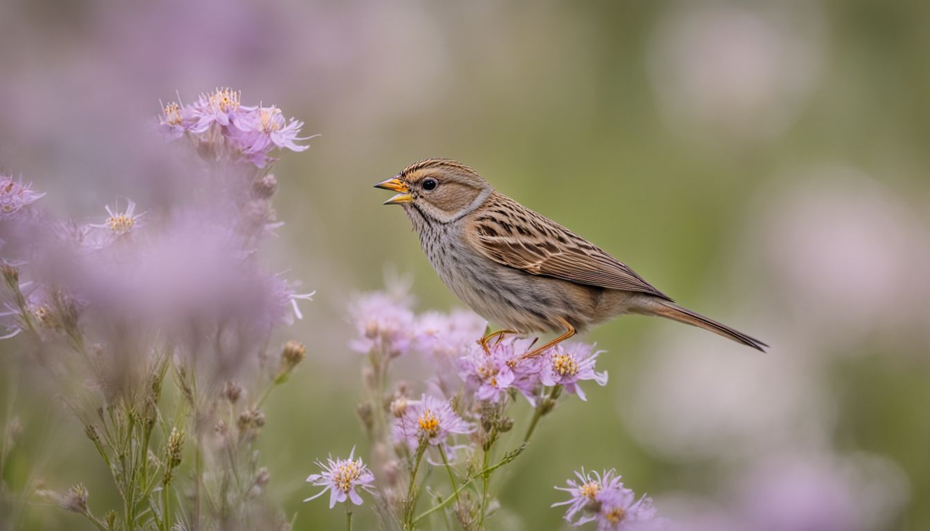 A cassin's sparrow hunts wasps in a field of wildflowers.