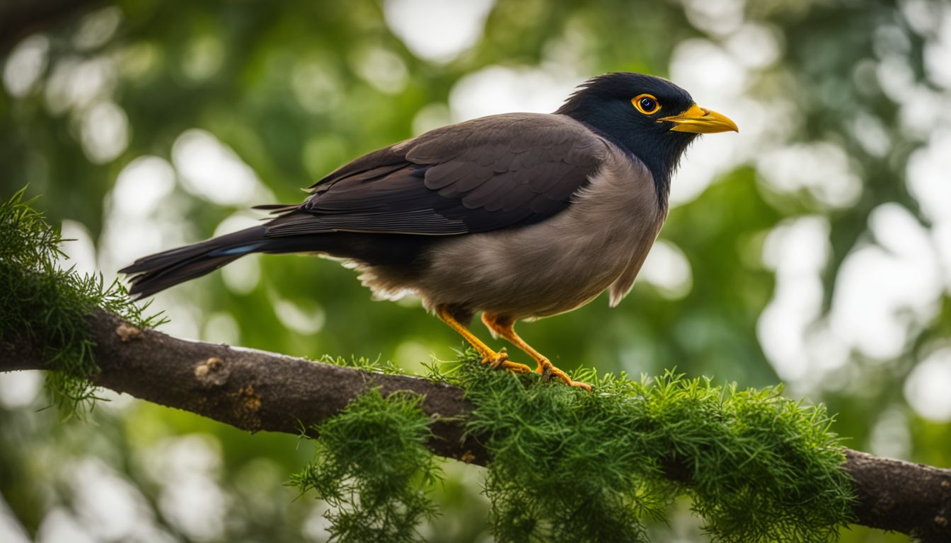 A common myna perched on a tree branch in lush greenery.