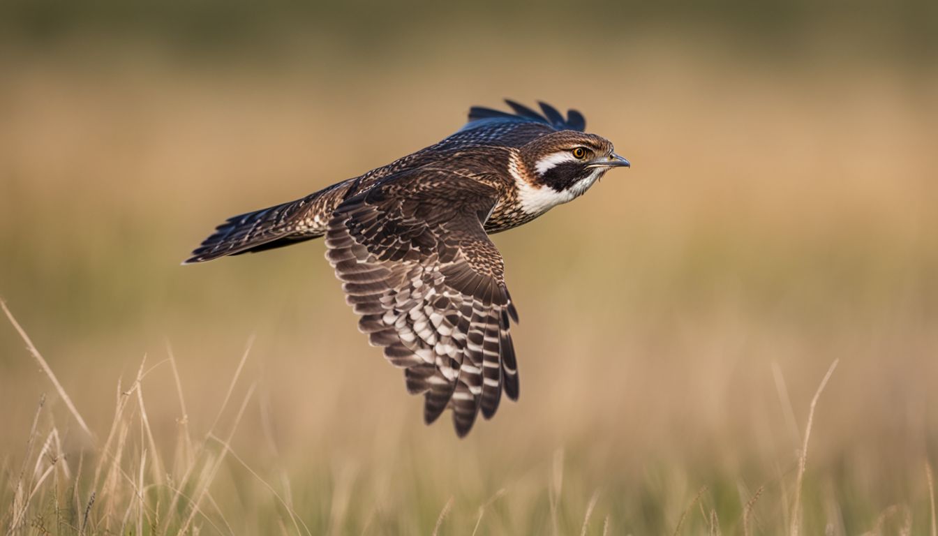 A common nighthawk in flight over a grassy meadow.