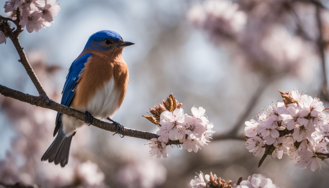 A vibrant eastern bluebird perched on a blooming tree branch in nature.
