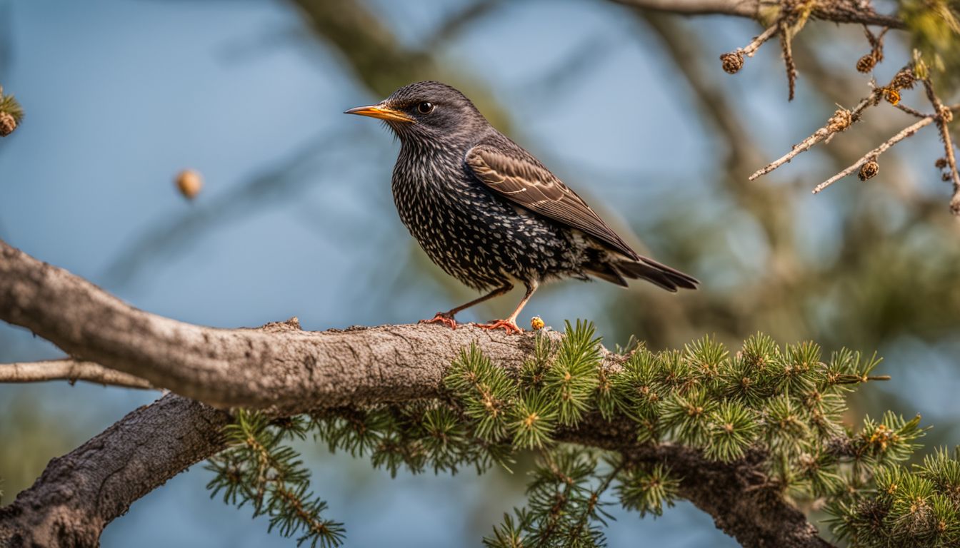 A european starling perched on a tree branch with a wasp nest in the background.