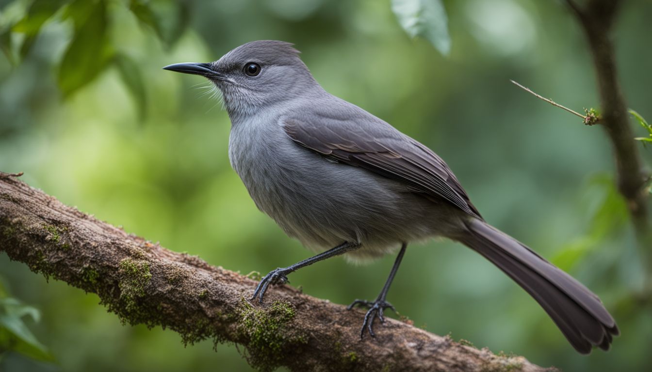 A gray catbird perched in a lush garden, captured with a dslr.
