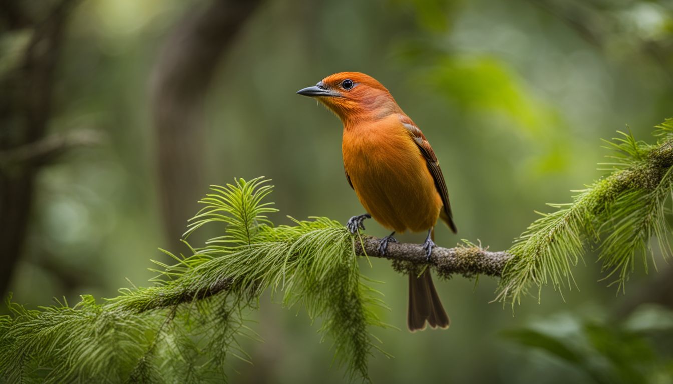 A hepatic tanager perched on a lush forest branch.