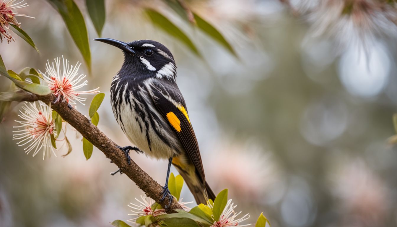 A new holland honeyeater perched on a flowering gum tree branch.
