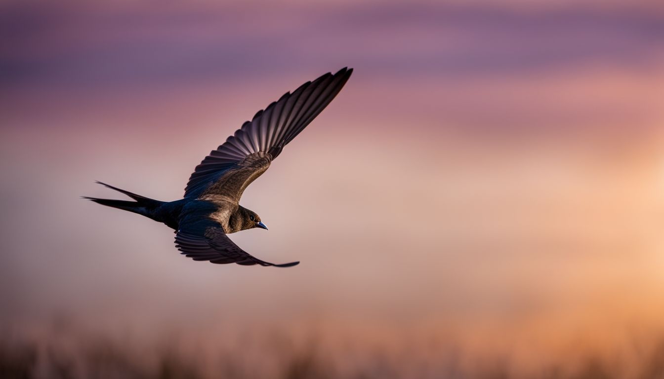 A purple martin in flight against a sunset sky, captured in high-resolution.