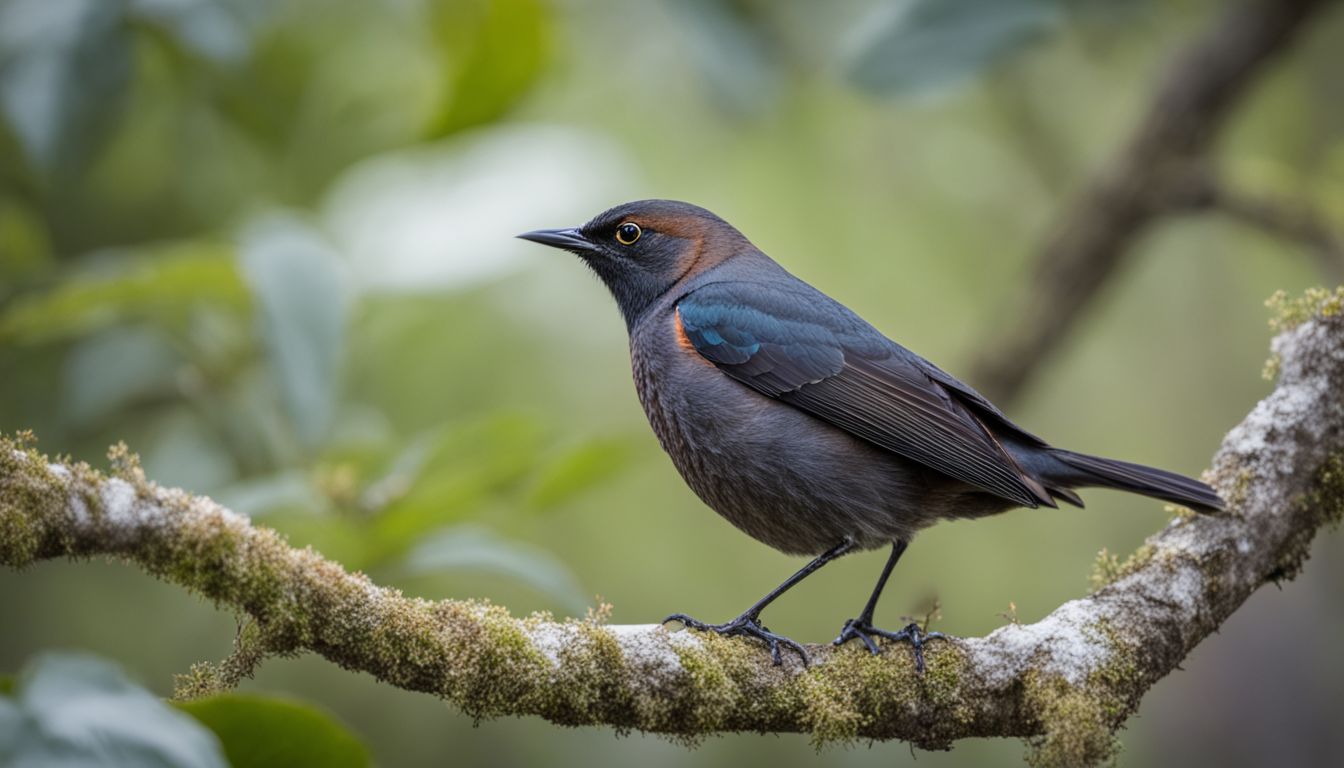 A rusty blackbird perched on a tree branch in its natural habitat.