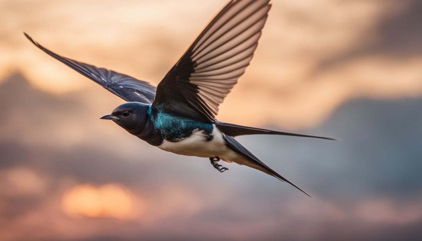 A swallow in mid-flight with a vibrant, insect-filled sky background.