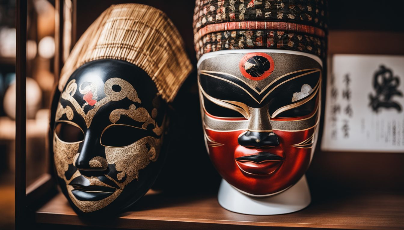 African mask and Japanese kimono displayed together in cultural photography.