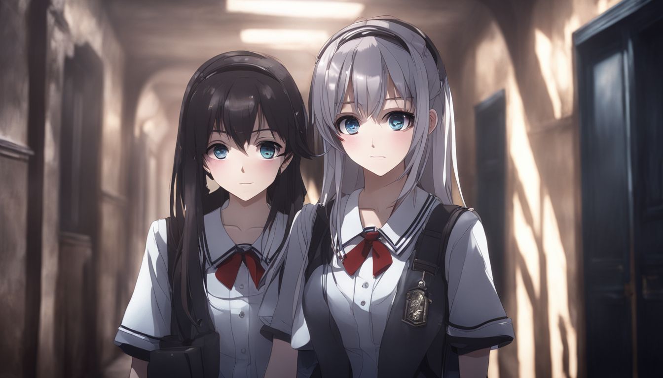Two anime schoolgirls with dark smiles in an abandoned school hallway.