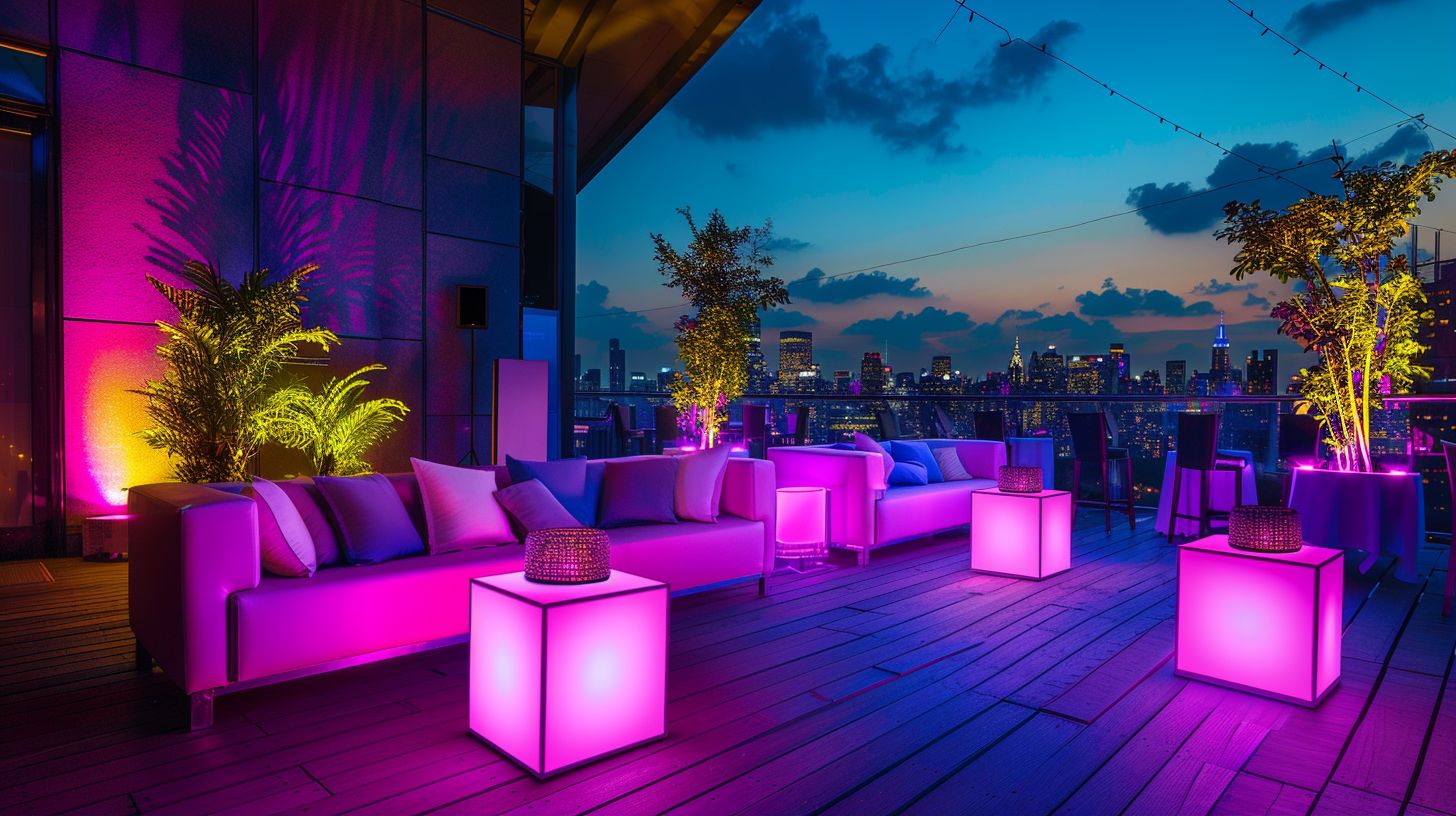 An elegant event setup with L.E.D. furniture against a cityscape backdrop.