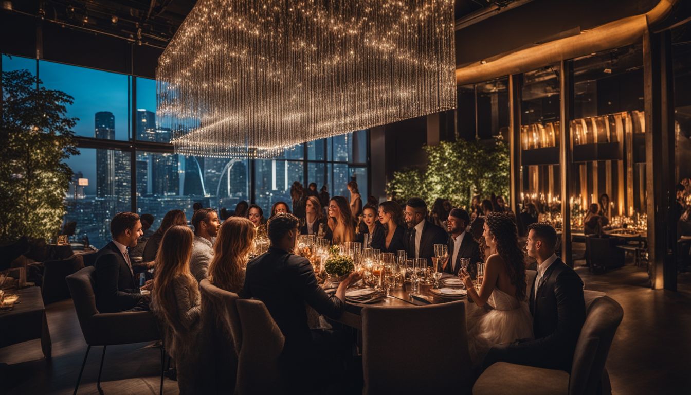 A group of people gathered around an illuminated communal table at a stylish event venue.