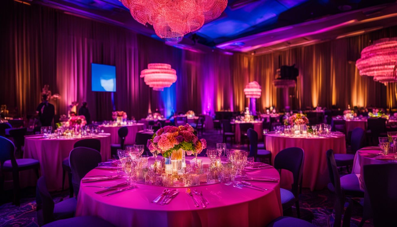 A photo of L E D cocktail tables at a chic event venue with diverse people.