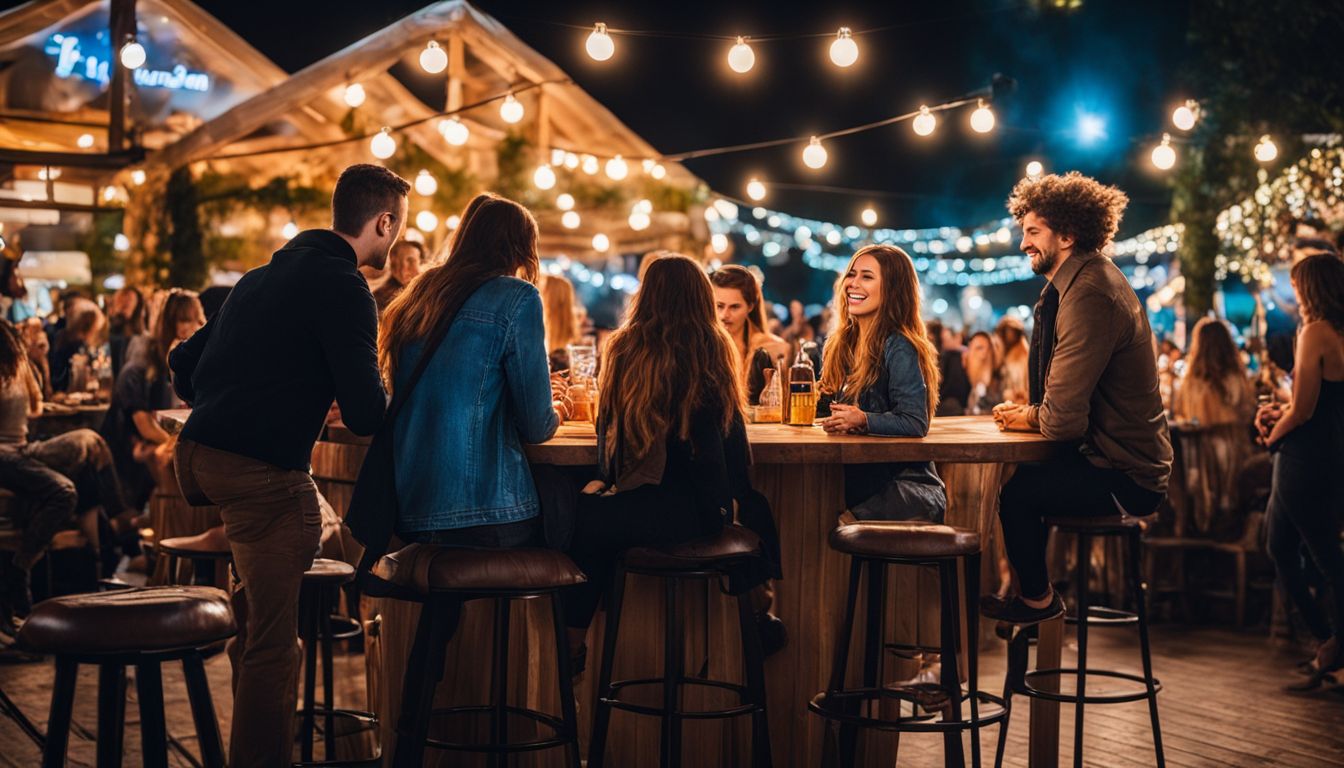 A diverse group enjoys a lively outdoor event on rented bar stools.