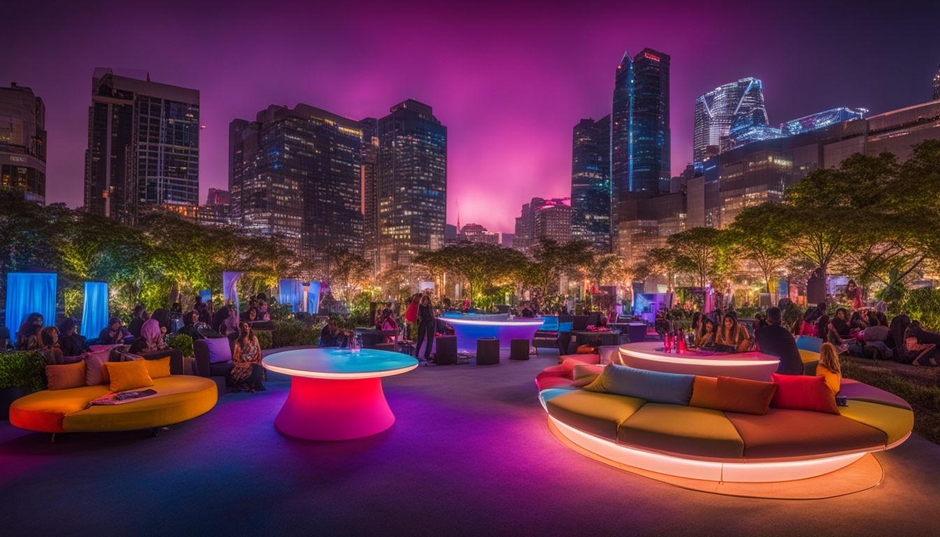 A lively outdoor event with diverse people and vibrant LED furniture.